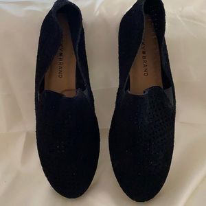 Lucky Brand black suede loafer with delicate lattice work